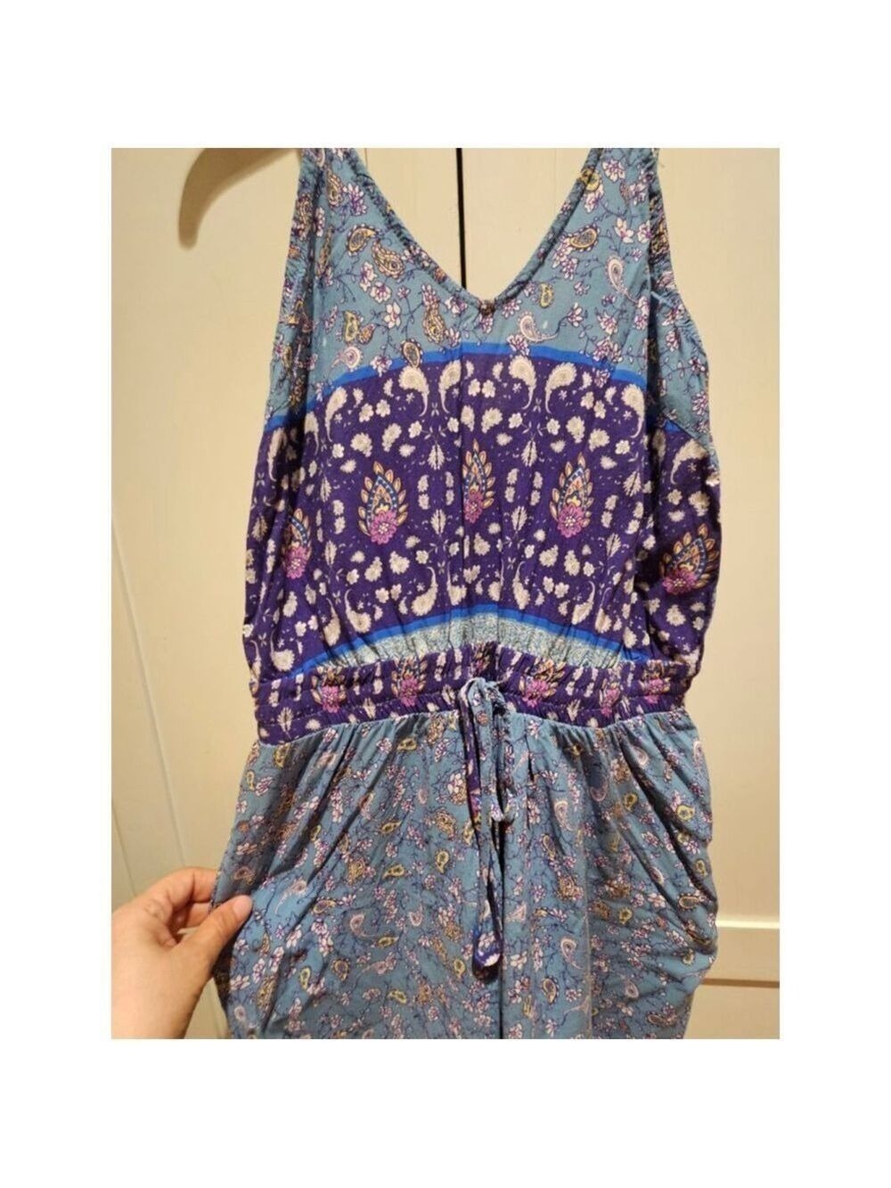 JAASE Wave Sapphire Print Jumpsuit Blue Purple Paisley Boho Hippie Wide Leg L - Picture 4 of 5